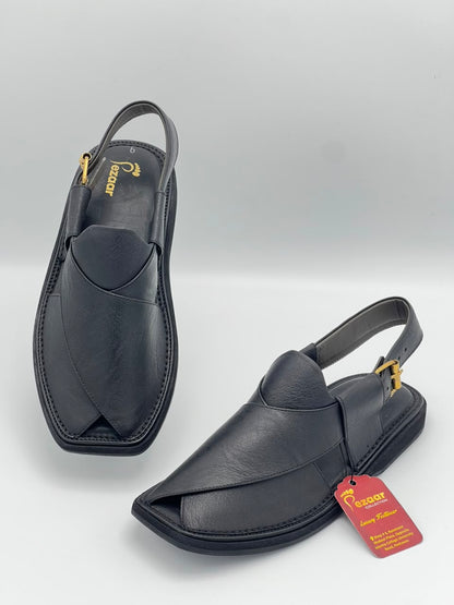 Premium Black Leather Peshawari Chappal