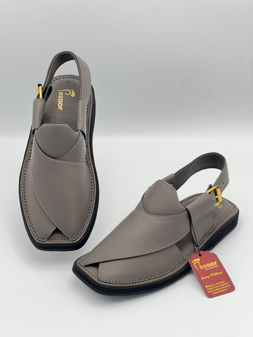 Premium Ash Grey Leather Peshawari Chappal