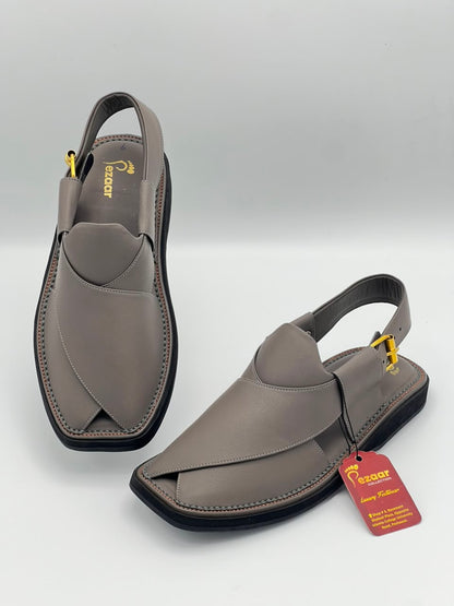Premium Ash Grey Leather Peshawari Chappal